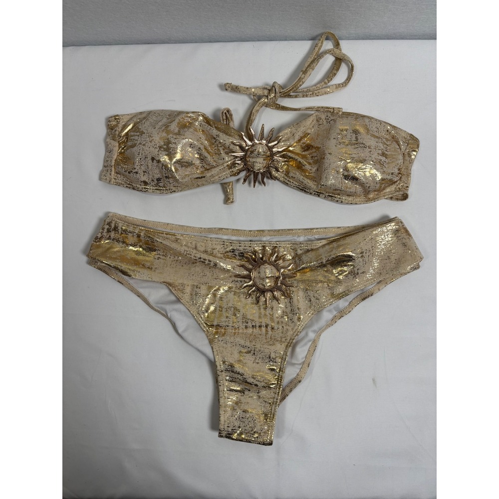 Temu Bikini Set Women XL Gold Metallic Sun Charm Swimwear Boho Festival 2 Piece